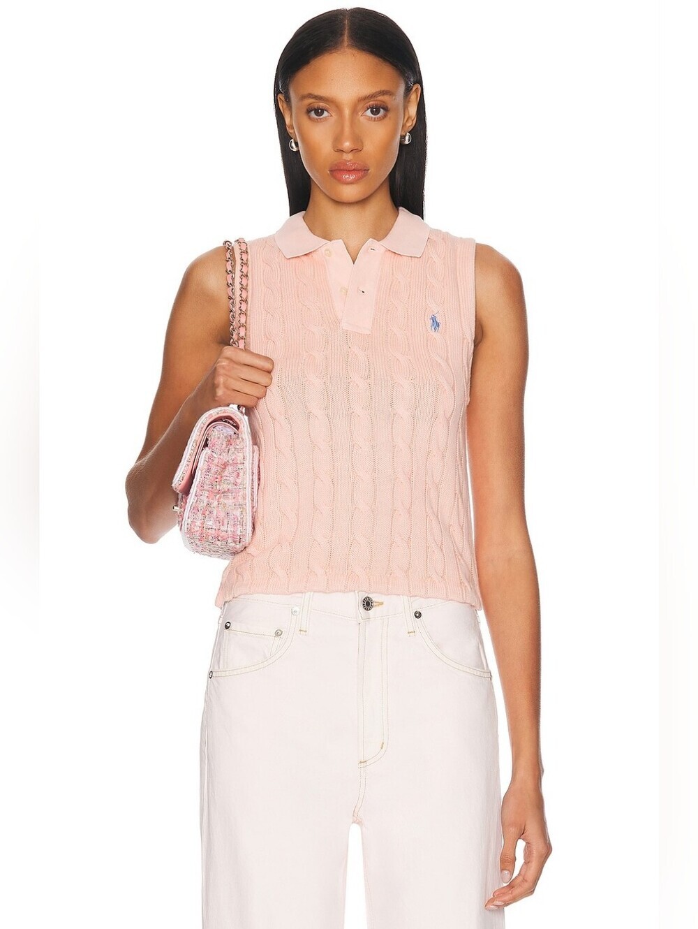 Polo Ralph Lauren Sleeveless Cable Knit Polo Top in pink sand XS,S